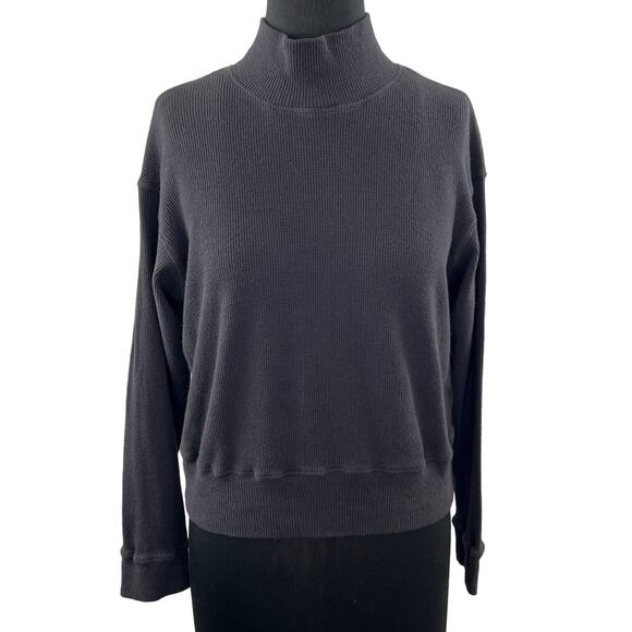 MONROW Black Cotton Brushed Thermal Mock Neck Slouchy Pullover Sweatshirt Size M - Picture 1 of 8